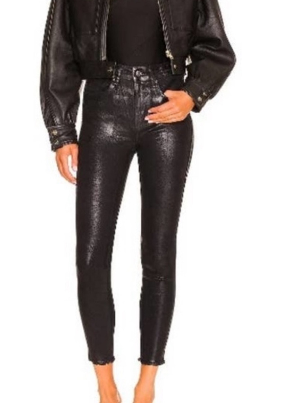 We The Free Shimmery Black High-Rise Skinny Jeans with raw hem.